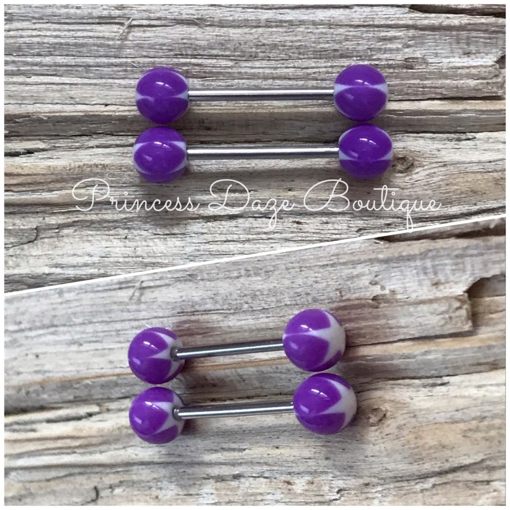 Purple White Star Patterned Nipple Ring Barbell Set Body Jewelry